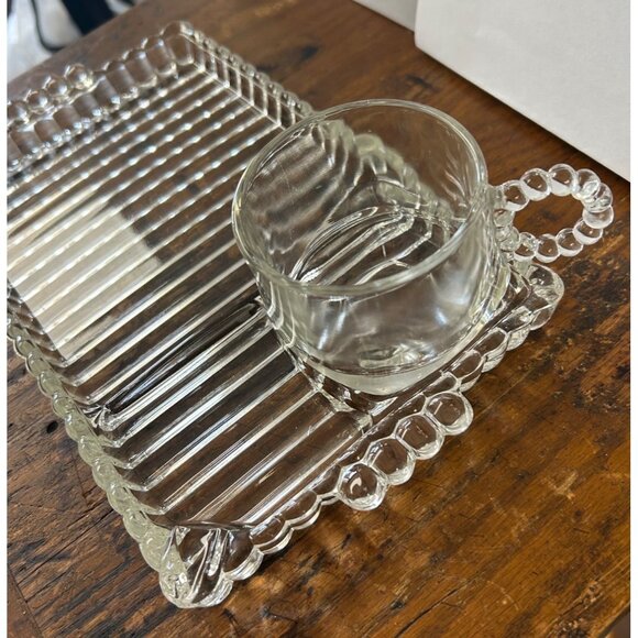 40’s Hazel Atlas mid century Snack-Sip and Smoke Set ribbed tray ball cup glass - Picture 1 of 7